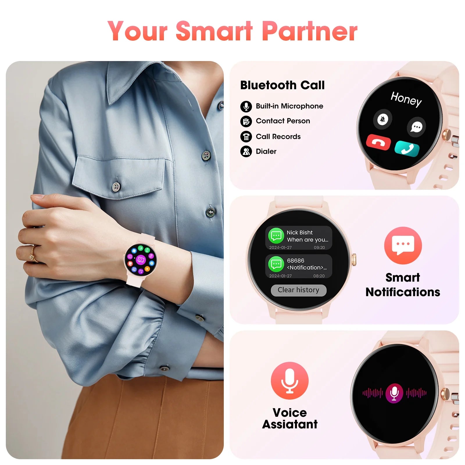 Smart Watch (Answer/Dial Call),1.39" Touch Display Fitness Tracker with Sport Modes, Smartwatch with IP68 Waterproof,Step Counter Watch Fits for Android (Pink)